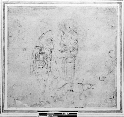 Schets met een figuur en een hond door Michelangelo Buonarroti